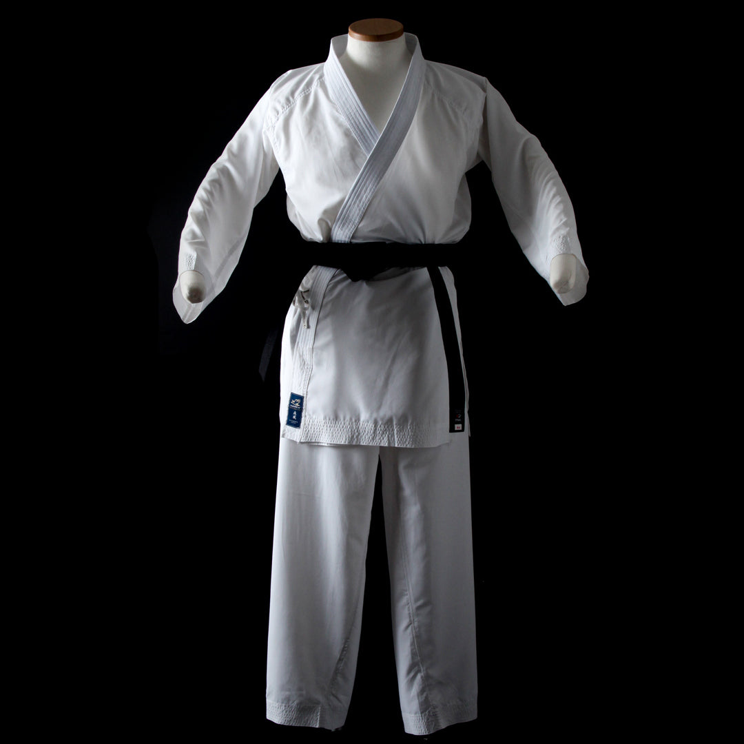 Hayate white martial arts uniform with a black belt on a black background