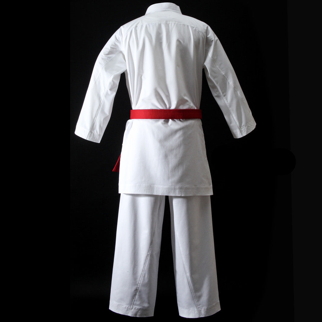 Hayate white martial arts uniform with a red belt on a black background