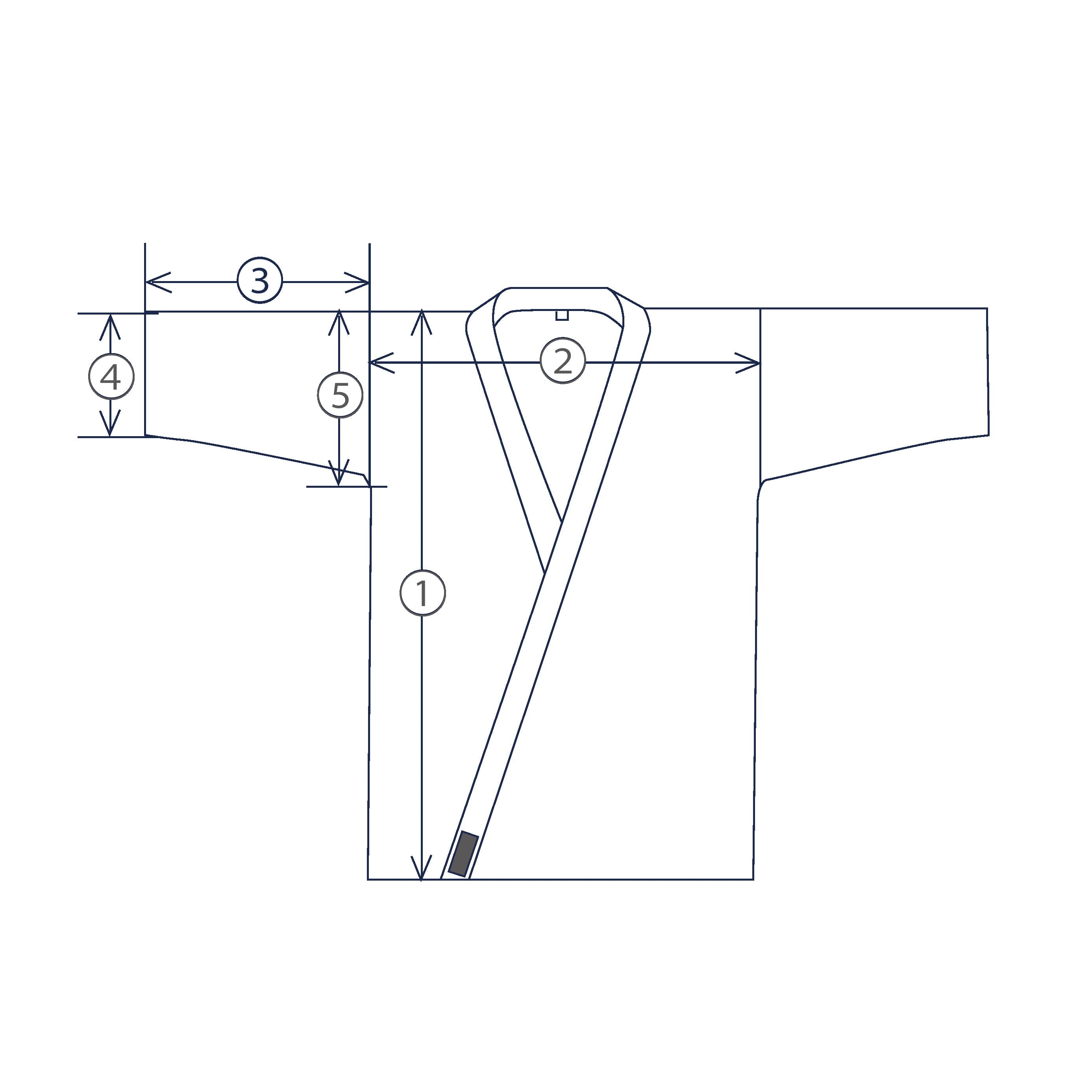 Technical drawing of a judo jacket with labeled measurements on a white background