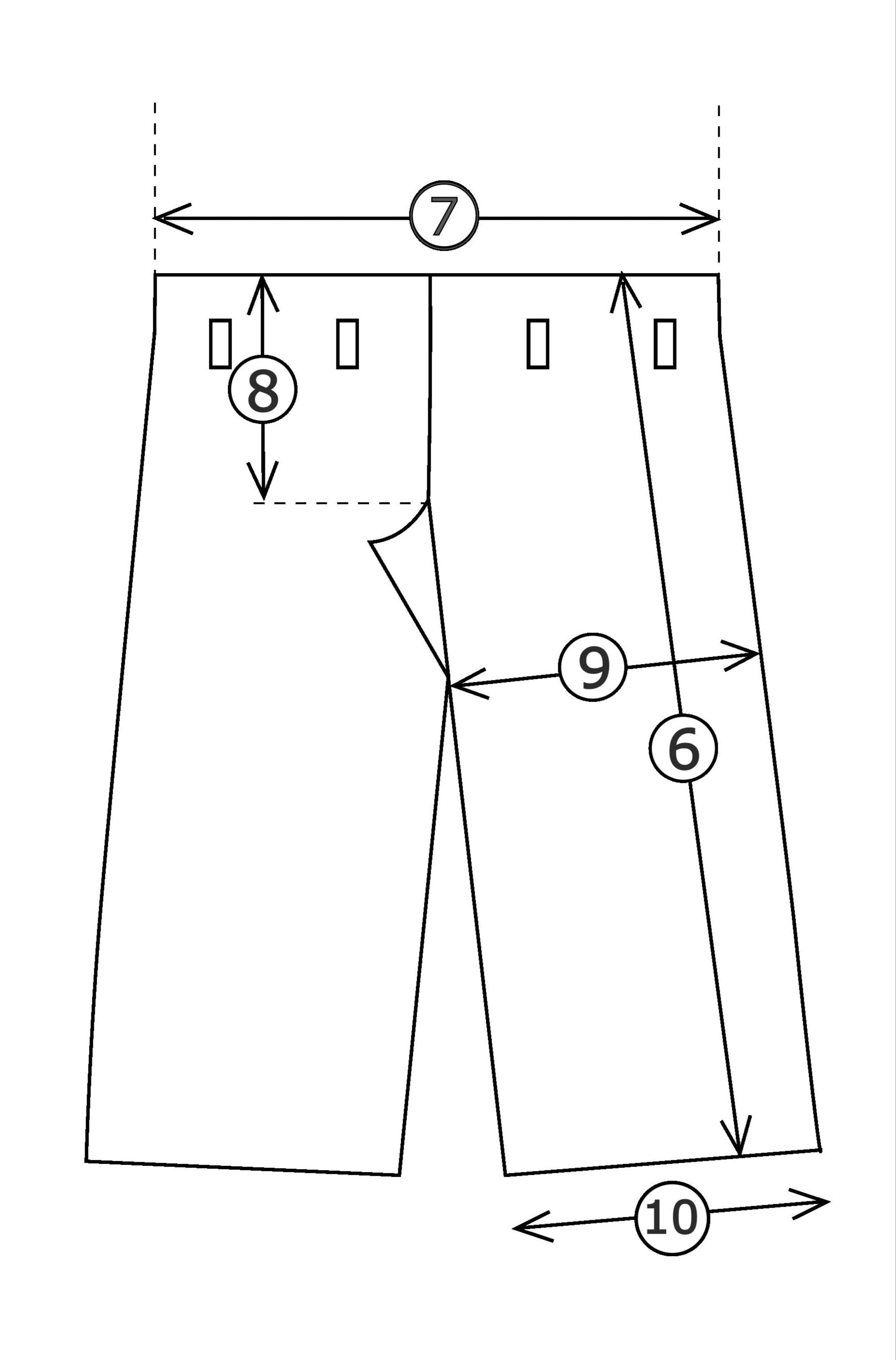 Technical drawing of a judo pants with labeled measurements on a white background