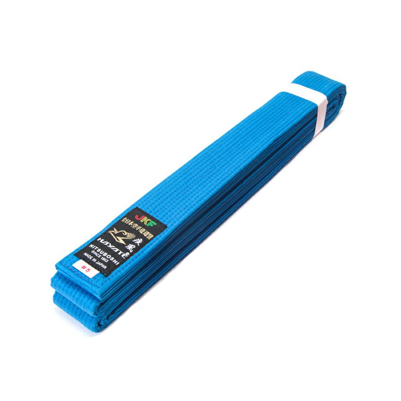 Blue martial arts belt with a Hayate brand label on a white background