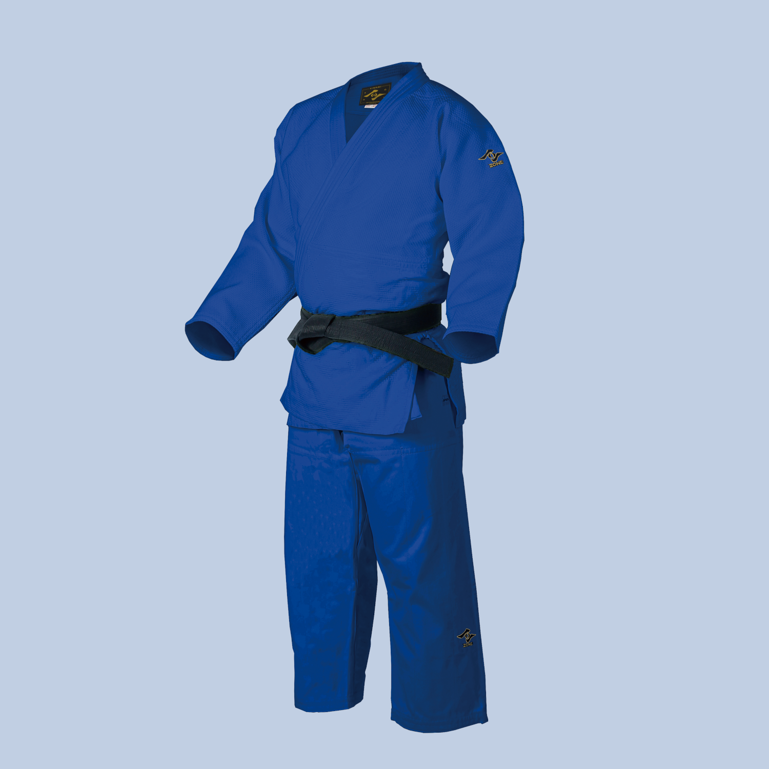 Blue Judo Zone uniform with black belt on a light blue background