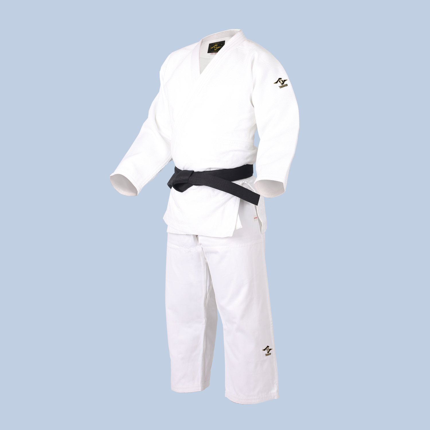 White Judo Zone uniform with a black belt on a light blue background