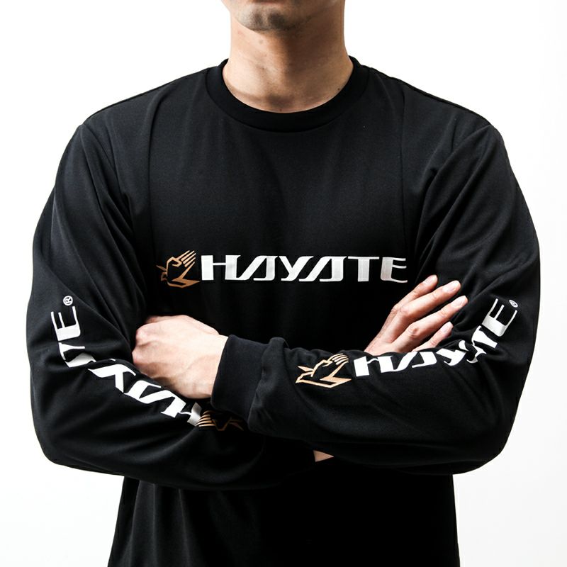 Person wearing a black long-sleeve shirt with 'Hayate' branding on a white background