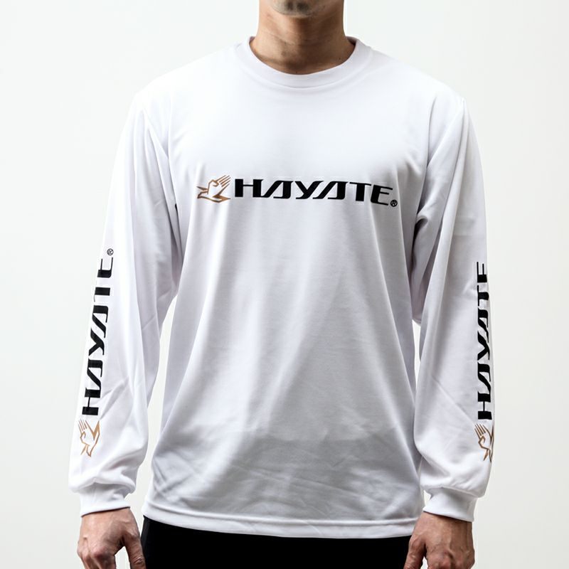 White long-sleeve shirt with 'Hayate' branding on a white background