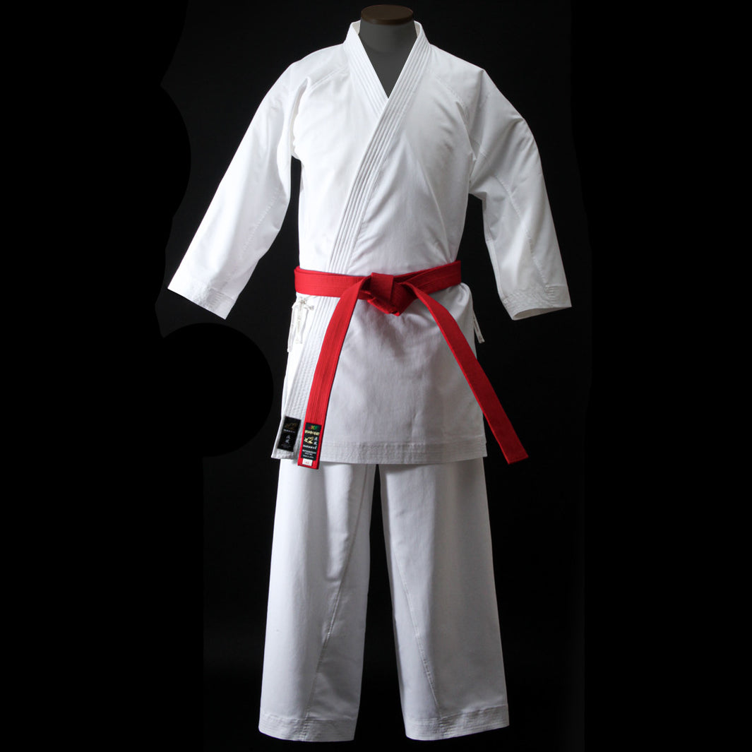 Hayate white martial arts uniform with a red belt on a black background